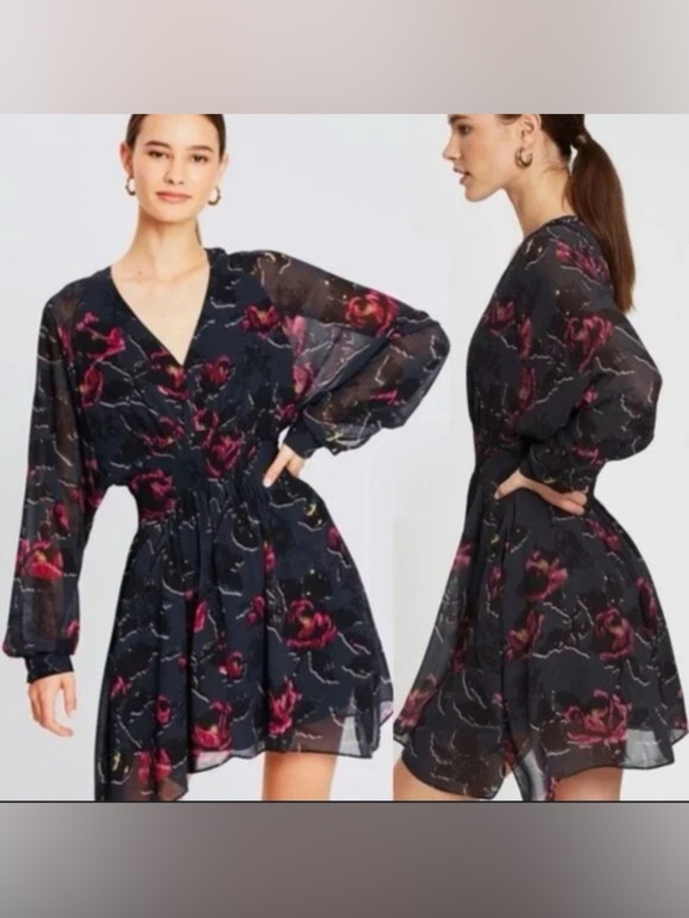 Allsaints Floral Gothic Black Chiffon Dress Size XSmall